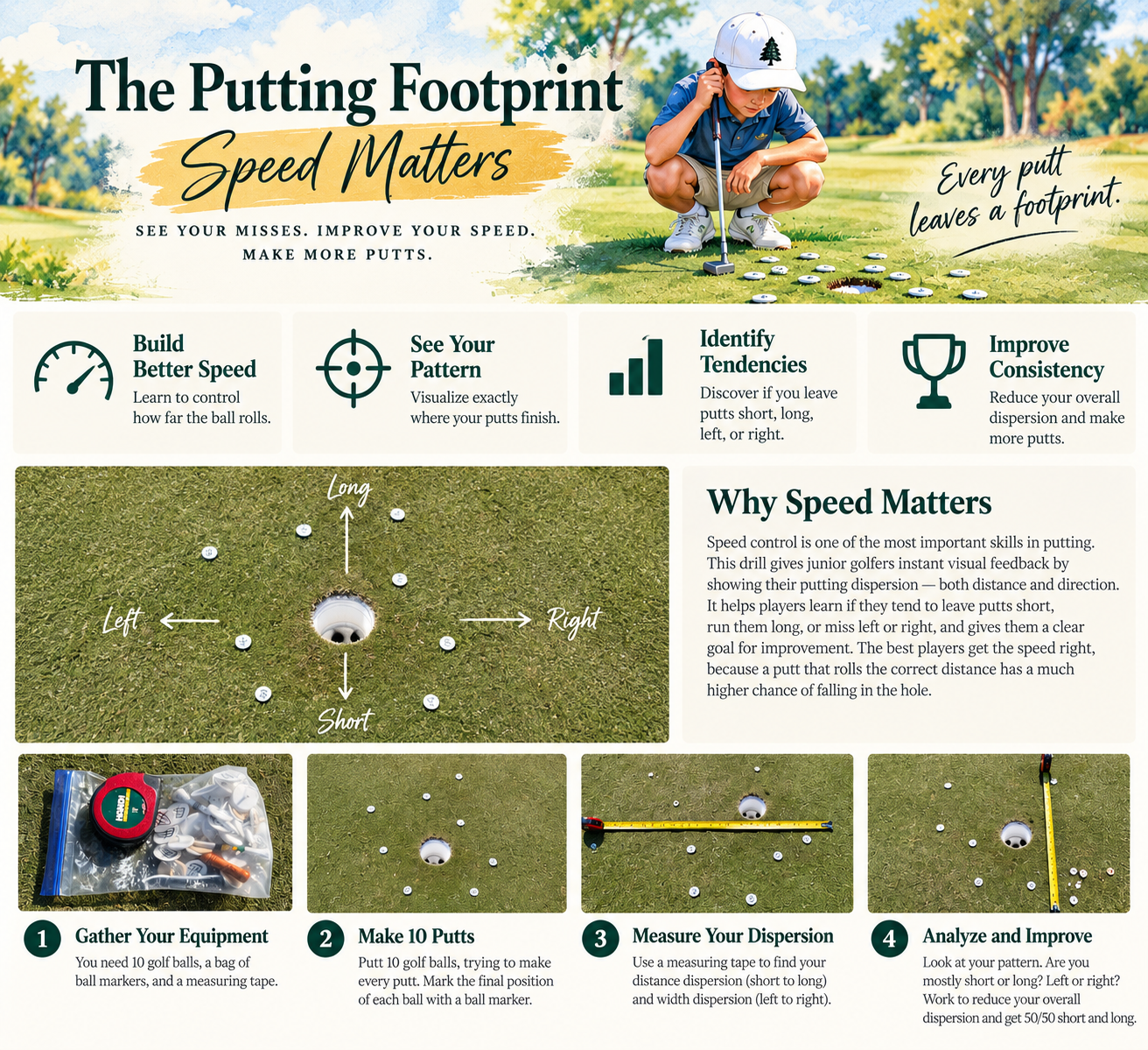 Illustrated Putting Footprint Speed Matters drill card, with golf watercolor artwork and four steps for improving putting speed